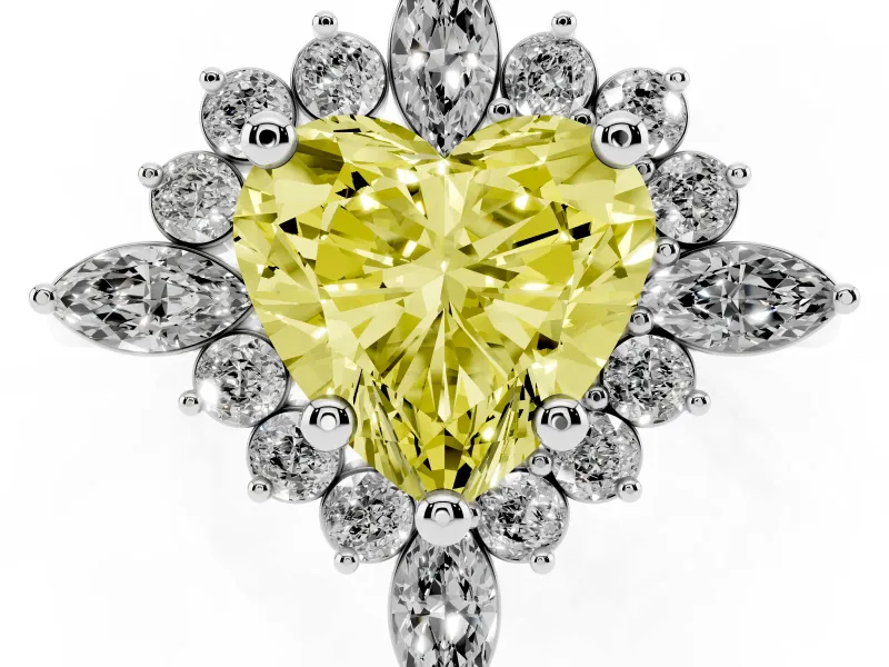 Fancy Yellow Heart Cut Diamond Cluster Halo Ring Set in Silver with Marquise and Round Accents