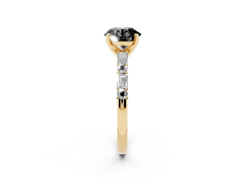 Fancy Black Round Cut Diamond Solitaire Set in Yellow gold with Side Baguettes and Channel Set Band
