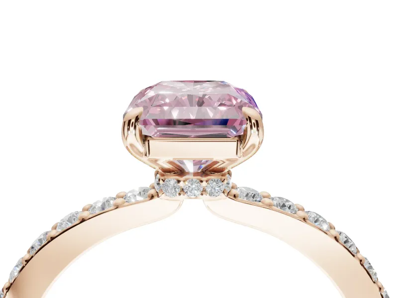 Radiant Cut Hidden Halo Engagement Ring Setting for a Fancy Pink Lab-Grown Diamond | Pavé Band | Rose Gold