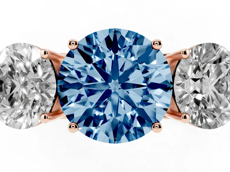 Round Engagement Ring Setting for a Fancy Blue Lab-Grown Diamond | Three Stone | Rose Gold