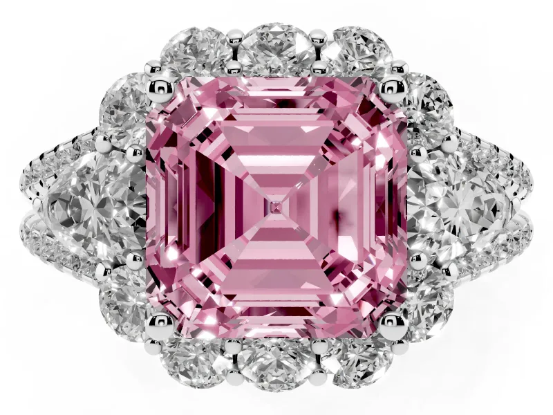 Fancy Pink Asscher Cut Diamond Halo Split Shank Engagement Ring Set in White gold with Prong-Held Center Stone