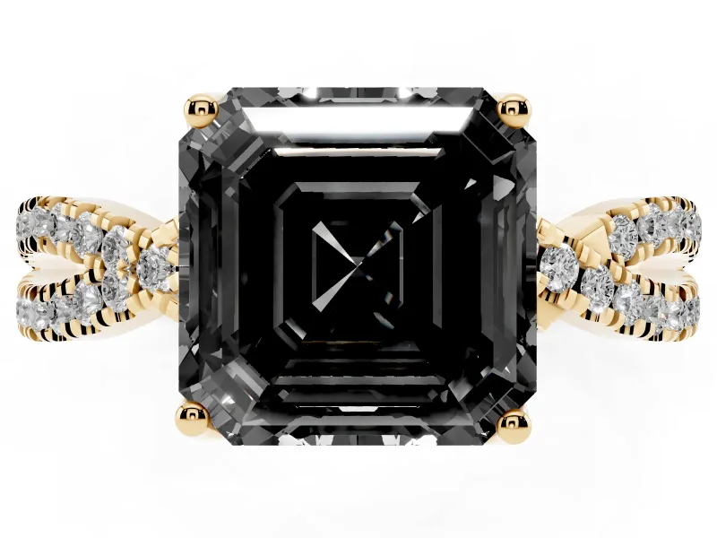 Asscher Cut Twisted Pavé Engagement Ring Setting for a Black Center | Split Shank | Yellow Gold