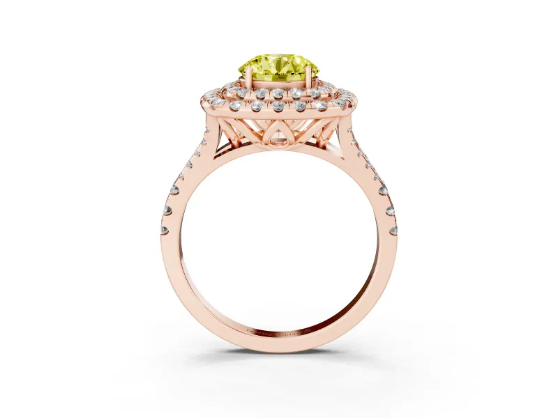 Round Halo Split Shank Engagement Ring Setting for a Fancy Yellow Lab-Grown Diamond | Pavé Strands | Rose Gold