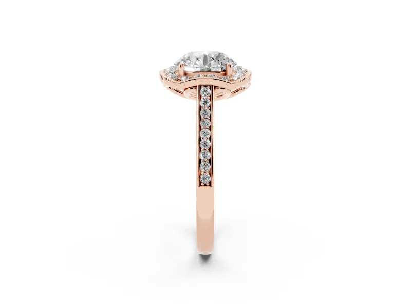 Round Petal Tip Halo Engagement Ring Setting | Single Row Pavé Band | Rose Gold