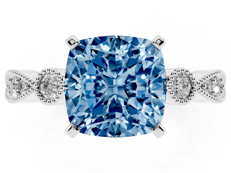 Fancy Blue Cushion Cut Diamond Solitaire Engagement Ring Set in White gold with Milgrain Bezel Accent Band