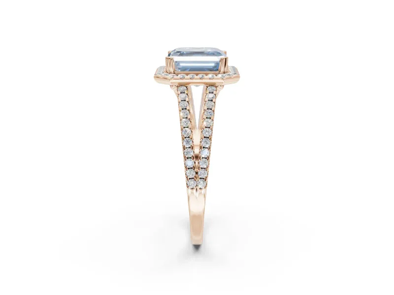 Asscher Cut Halo Split Shank Engagement Ring Setting for a Fancy Blue Lab-Grown Diamond | Pavé Shoulders | Rose Gold