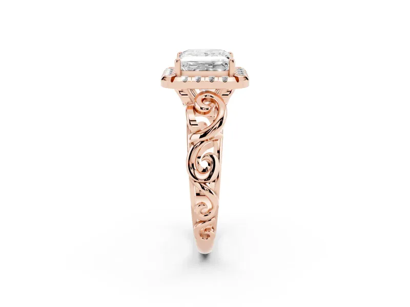 Princess Cut Vintage Filigree Halo Engagement Ring Setting | Scroll Shoulders | Rose Gold