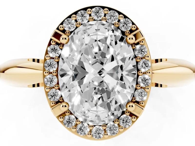 Oval Cut Diamond Halo Engagement Ring Set in Yellow gold with Plain Split Shank and Prong Setting