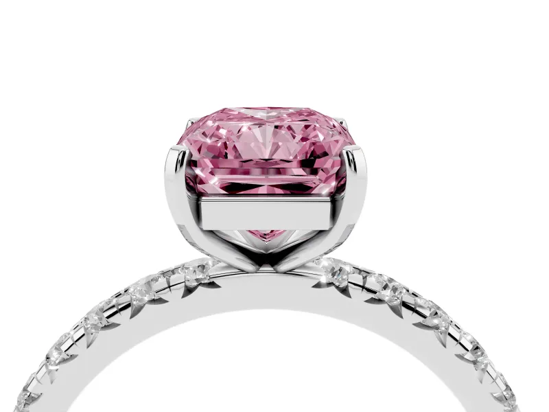 Fancy Pink Radiant Cut Diamond Pavé Solitaire Ring Set in White gold with Round Band and Prong Setting