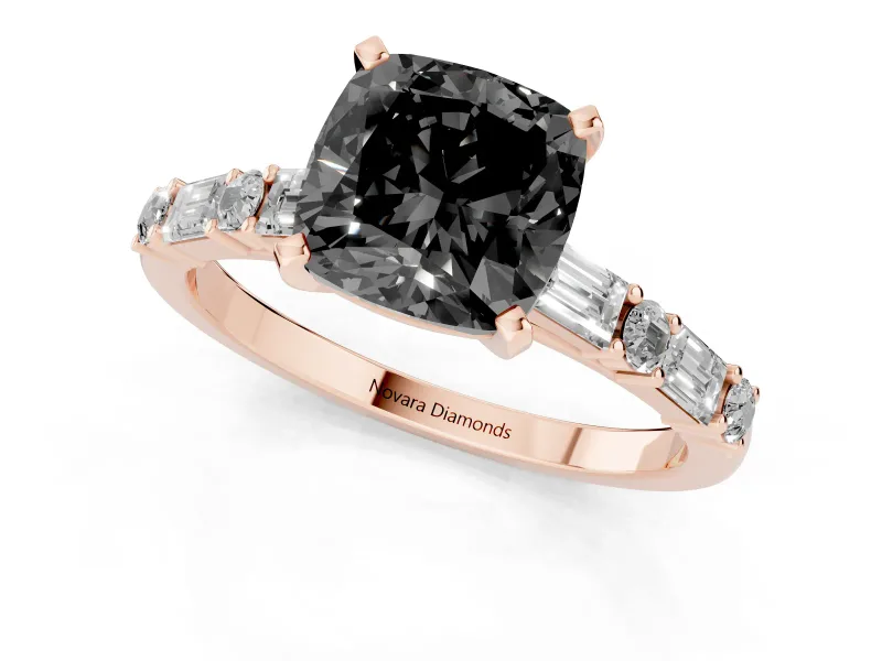 Cushion Cut Baguette Side Stone Engagement Ring Setting for a Black Center | Rose Gold