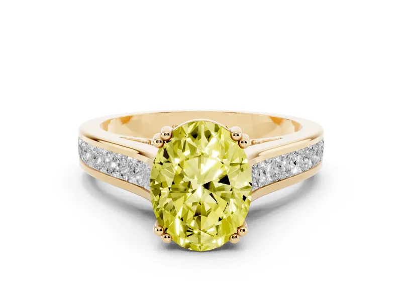 Fancy Yellow Oval Cut Diamond Channel Set Solitaire Engagement Ring Set in Yellow gold with Prong Setting