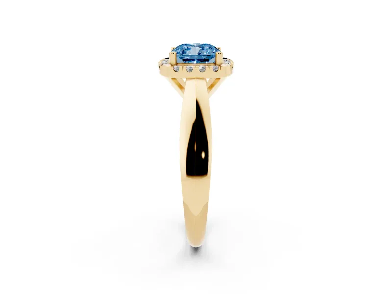 Cushion Cut Halo Engagement Ring Setting for a Fancy Blue Lab-Grown Diamond | Square Profile Band | Yellow Gold