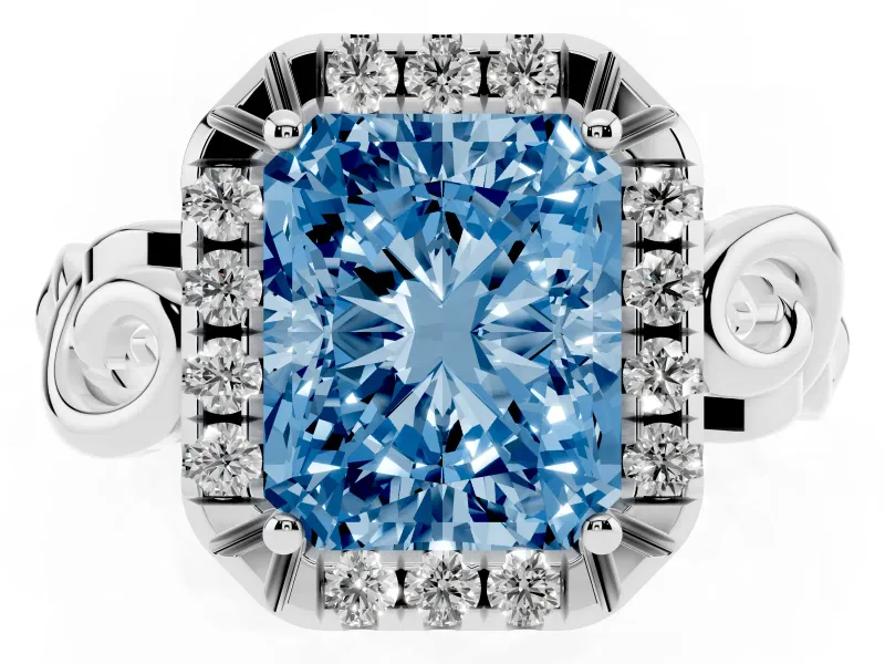 Fancy Blue Radiant Cut Diamond Halo Ring Set in Silver with Scrollwork Band and Prong Setting