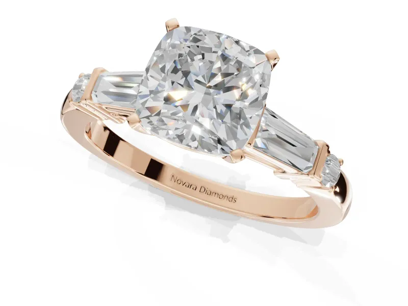 Cushion Cut Tapered Baguette Engagement Ring Setting | Bar Set Sides | Rose Gold