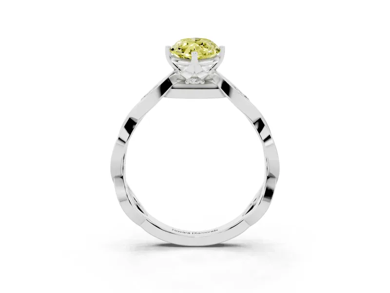 Fancy Yellow Marquise Cut Diamond Twist Band Solitaire Ring Set in White gold with Leaf Prong Setting and Accent Stones