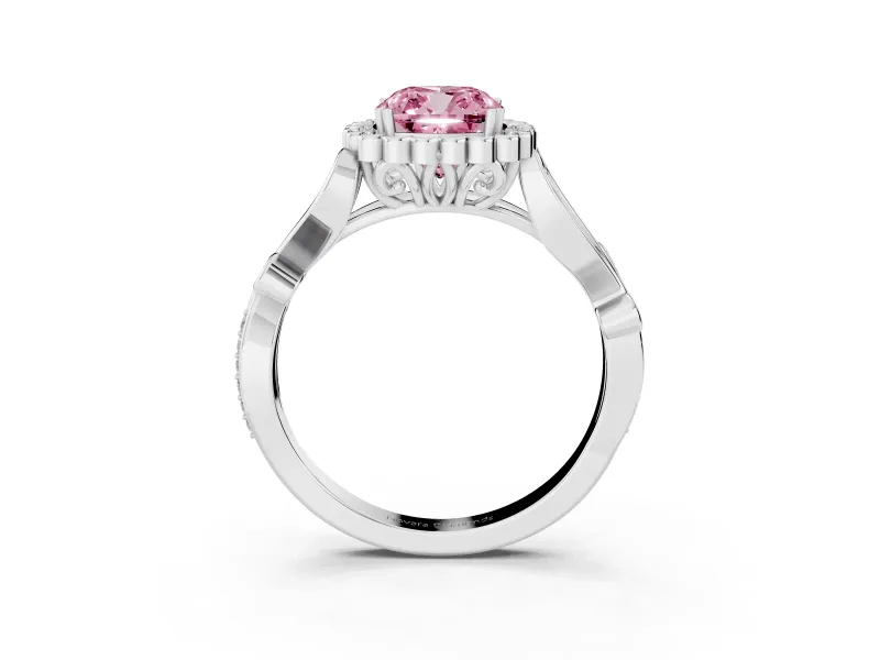 Cushion Cut Leaf Halo Engagement Ring Setting for a Fancy Pink Lab-Grown Diamond | Sterling Silver