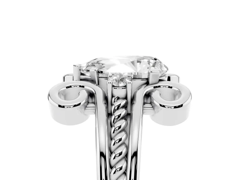 Pear Cut Diamond Twisted Band Solitaire Ring Set in Silver with Scroll Prongs
