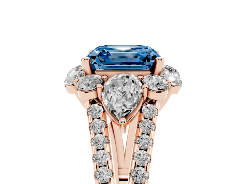 Asscher Cut Scalloped Halo Engagement Ring Setting for a Fancy Blue Lab-Grown Diamond | Pear Side Stones | Rose Gold