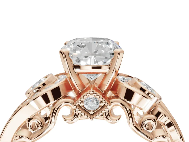 Cushion Cut Vintage Swirl Engagement Ring Setting | Bezel Side Accents | Rose Gold