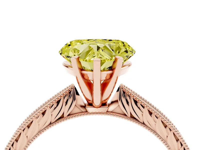 Fancy Yellow Heart Cut Diamond Solitaire Milgrain Engraved Band Set in Rose gold with Prong Setting