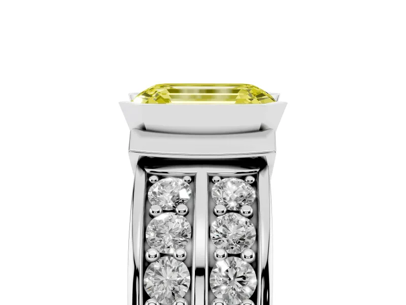 Emerald Cut Half Bezel Engagement Ring Setting for a Fancy Yellow Lab-Grown Diamond | Channel Band | White Gold