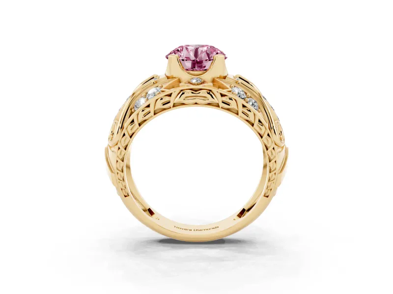 Round Art Deco Graduated Engagement Ring Setting for a Fancy Pink Lab-Grown Diamond | Yellow Gold