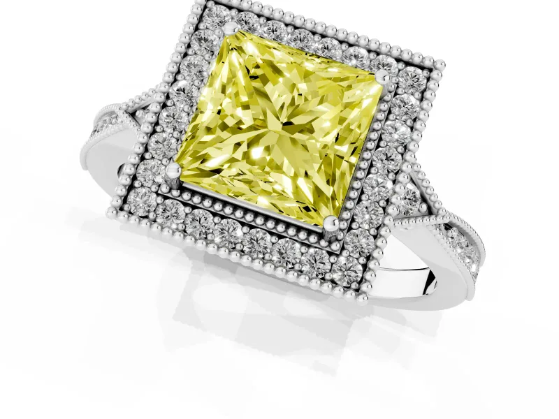 Fancy Yellow Princess Cut Diamond Halo Engagement Ring Set in Platinum with Milgrain Pavé Band