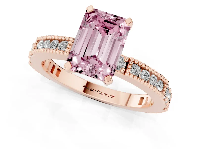 Fancy Pink Emerald Cut Diamond Solitaire Ring Set in Rose gold with Slim Pavé Band and Prong Setting
