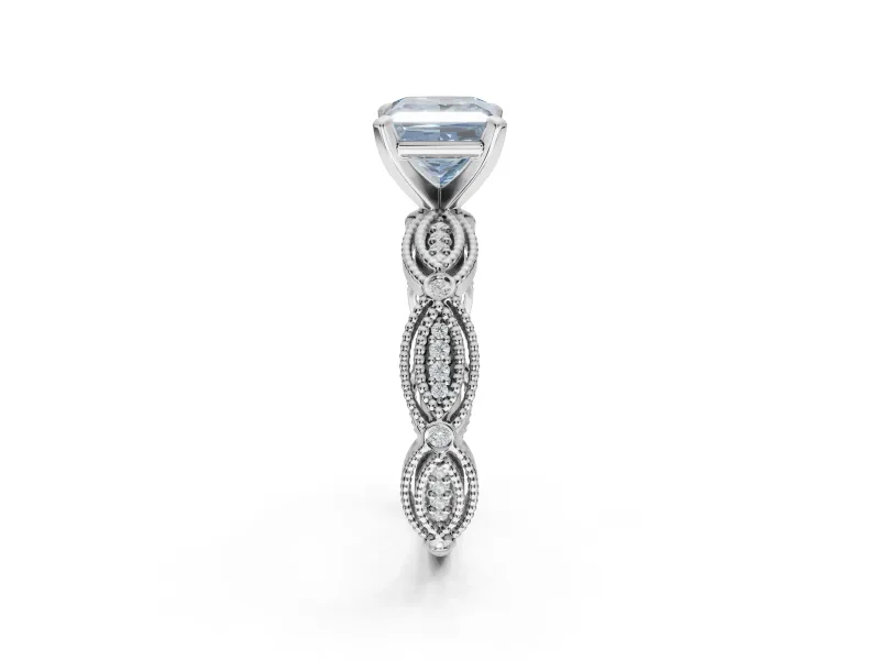 Princess Cut Vintage Milgrain Engagement Ring Setting for a Fancy Blue Lab-Grown Diamond | Graduated Stations | Platinum