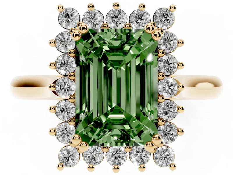 Emerald Cut Starburst Halo Engagement Ring Setting for a Fancy Green Lab-Grown Diamond | Yellow Gold