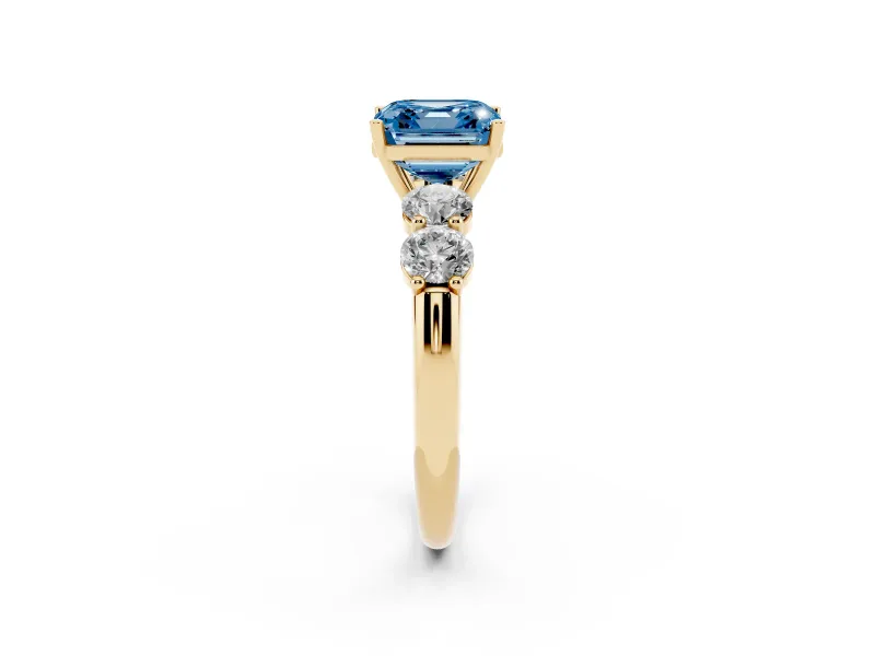 Asscher Cut Five Stone Engagement Ring Setting for a Fancy Blue Lab-Grown Diamond | Prong Set Side Stones | Yellow Gold