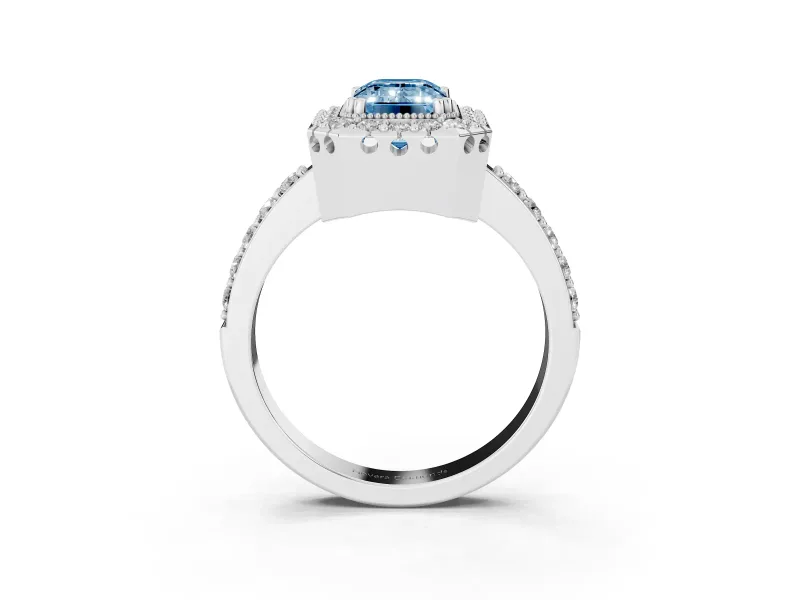 Emerald Cut Milgrain Halo Engagement Ring Setting for a Fancy Blue Lab-Grown Diamond | Pavé Shoulders | Platinum