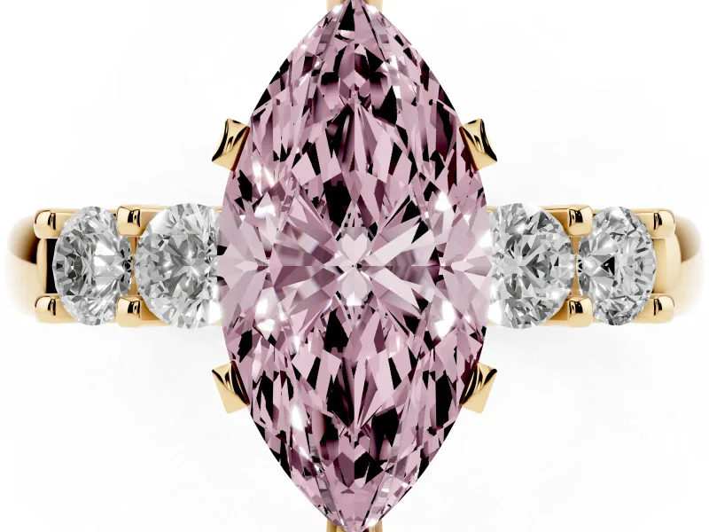 Fancy Pink Marquise Cut Diamond Five-Stone Prong Set Engagement Ring Set in Yellow gold with Channel Band