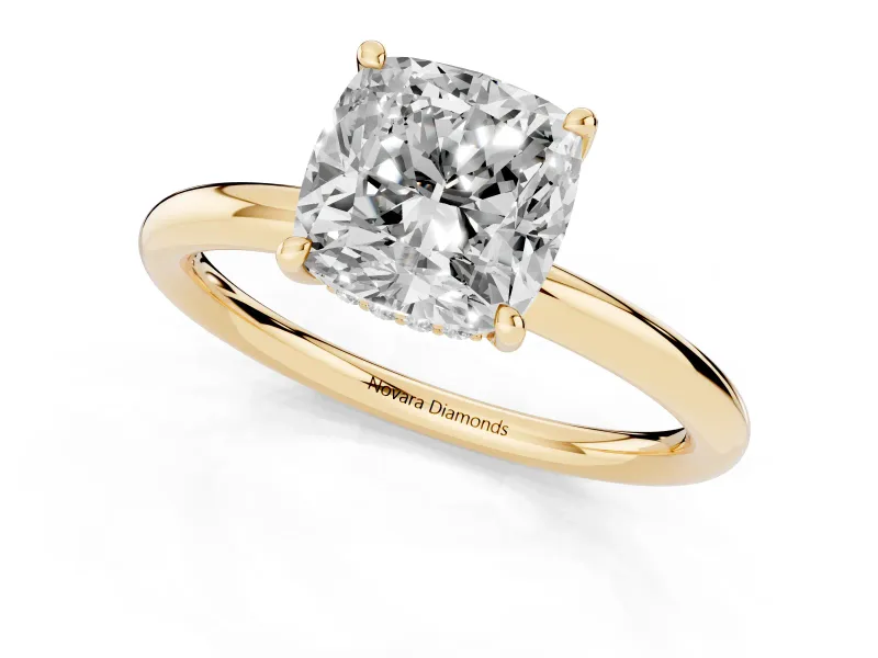 Cushion Cut Hidden Halo Engagement Ring Setting | Thin Plain Band | Yellow Gold