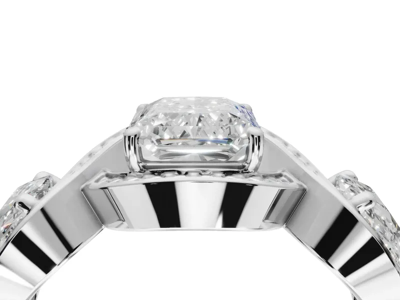 Radiant Cut Three Stone Halo Engagement Ring Setting | Pavé Wave Band | White Gold