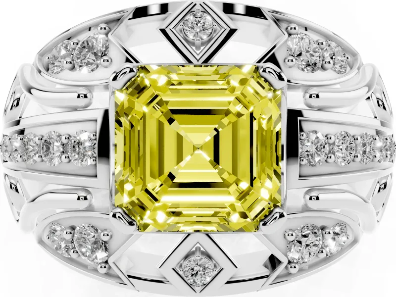 Asscher Cut Art Deco Engagement Ring Setting for a Fancy Yellow Lab-Grown Diamond | Platinum