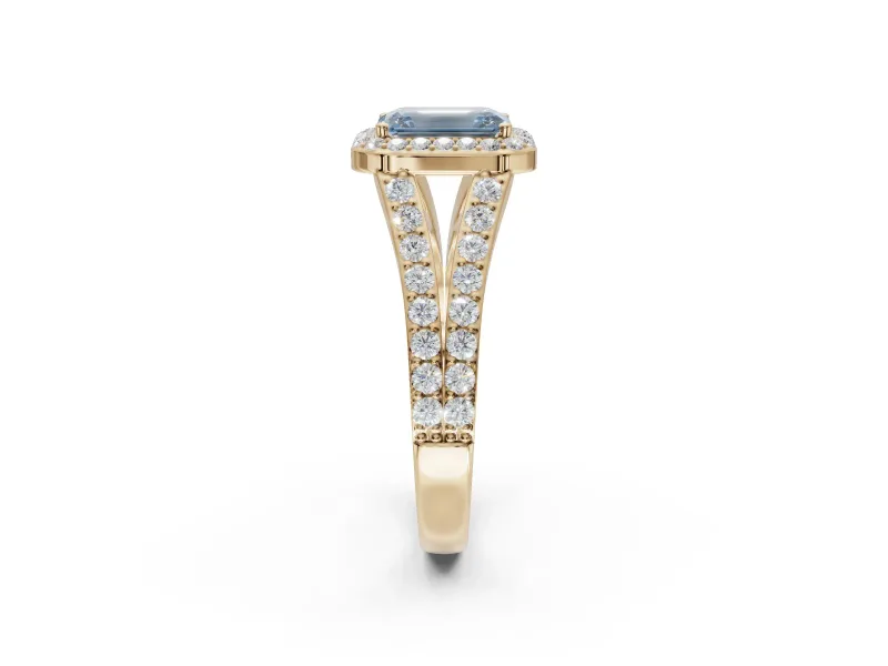 Emerald Cut Halo Pavé Engagement Ring Setting for a Fancy Blue Lab-Grown Diamond | Narrow Split Shank | Yellow Gold