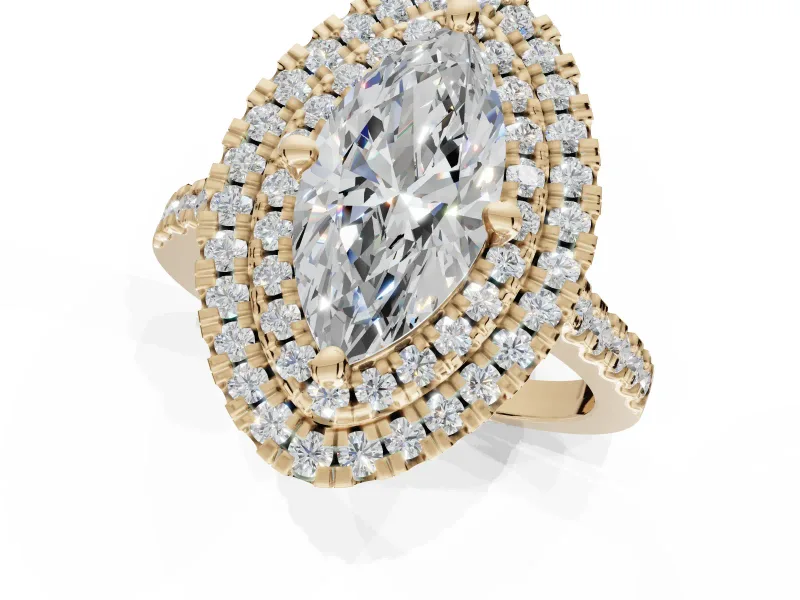 Marquise Double Halo Engagement Ring Setting | Pave Shoulders | Yellow Gold