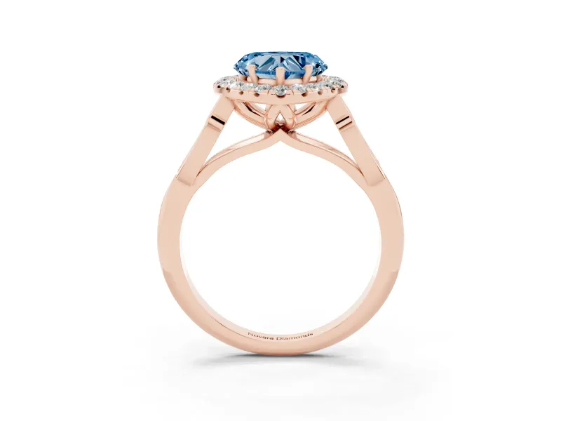 Fancy Blue Heart Cut Diamond Halo Engagement Ring Set in Rose gold with Filigree Band and Prong-Set Center