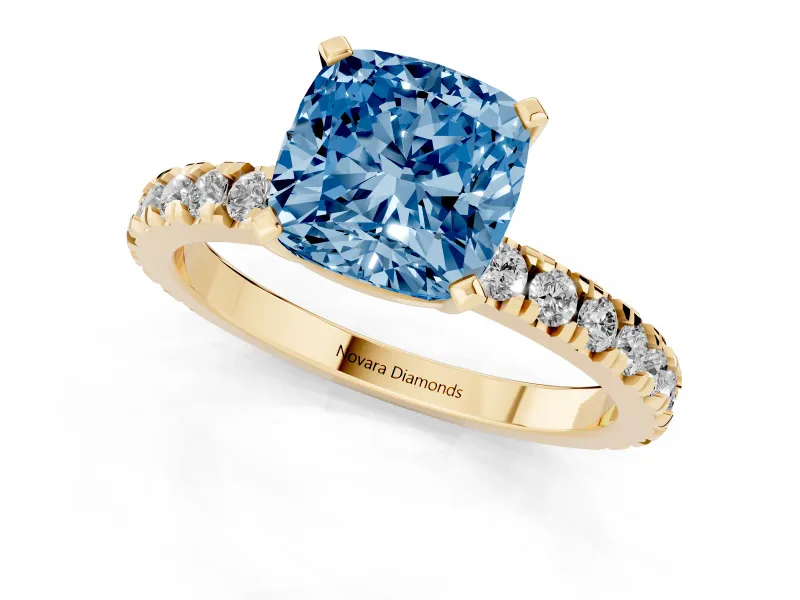 Fancy Blue Cushion Cut Diamond Pavé Band Solitaire Set in Yellow gold with Prong Setting