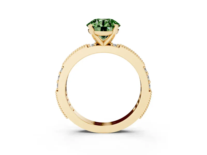Round Vintage Pavé Engagement Ring Setting for a Fancy Green Lab-Grown Diamond | Yellow Gold