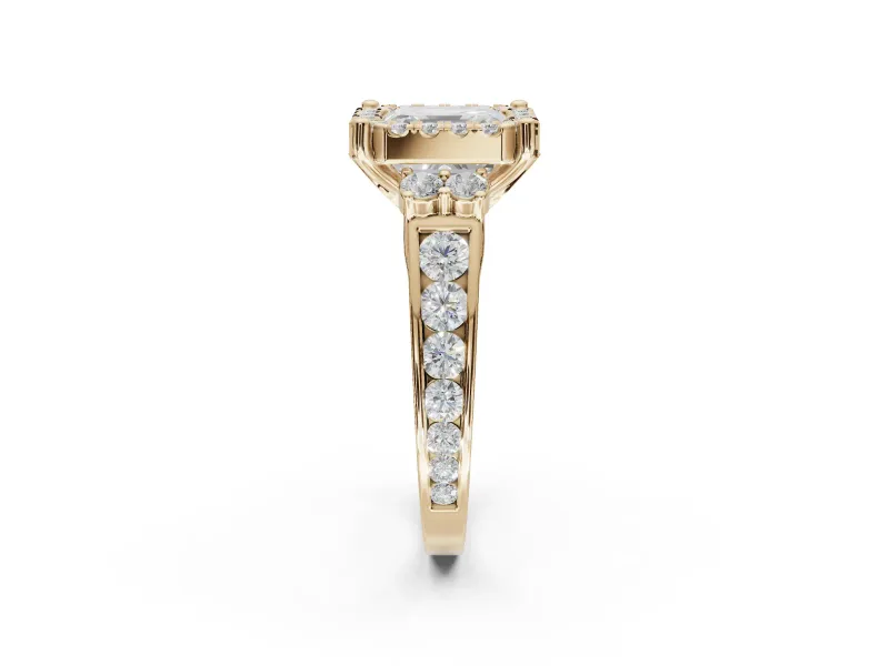 Asscher Cut Halo Side Cluster Engagement Ring Setting | Graduated Channel Band | Yellow Gold