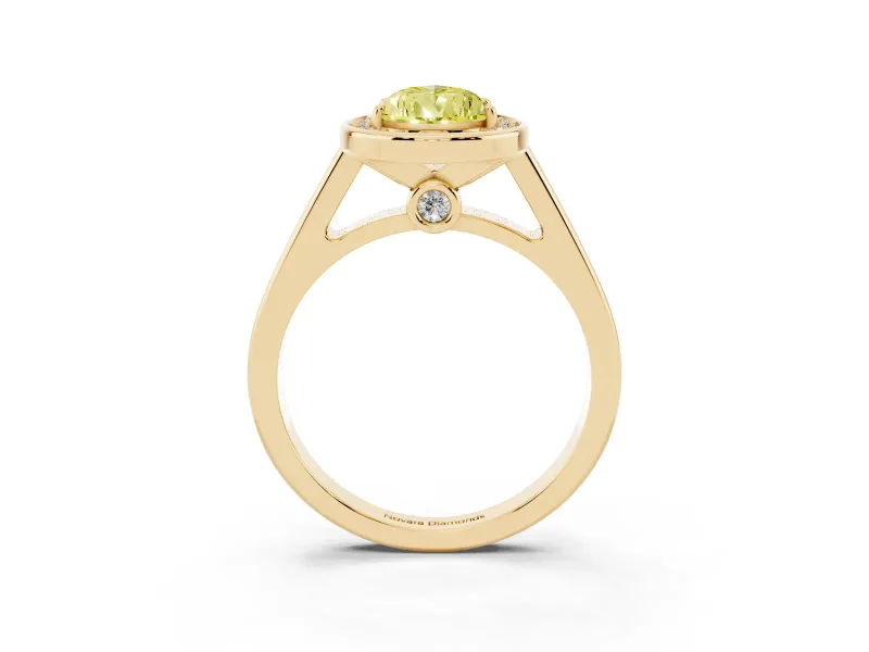 Fancy Yellow Pear Cut Diamond Halo Solitaire Ring Set in Yellow gold with Pavé Band and Bezel Setting