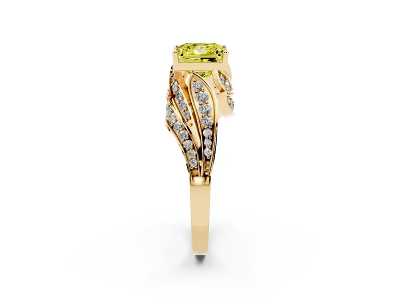 Fancy Yellow Princess Cut Diamond Solitaire Ring Set in Yellow gold with Layered Twist Pavé Band