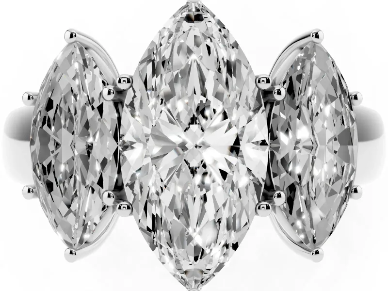 Three-Stone Marquise Cut Diamond Ring Set in Platinum with Matching Prong Settings and Plain Band