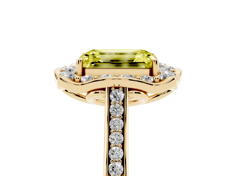 Emerald Cut Petal Tip Halo Engagement Ring Setting for a Fancy Yellow Lab-Grown Diamond | Pavé Band | Yellow Gold