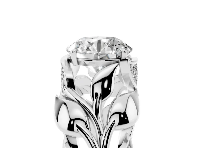 Round Cut Diamond Leaf-Inspired Engagement Ring Set in White gold with Round Accents