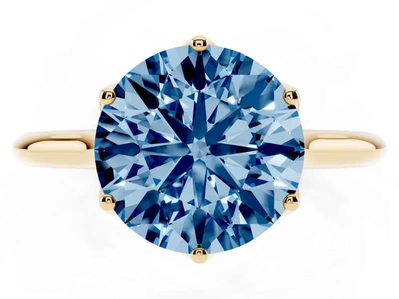Fancy Blue Round Cut Diamond Solitaire Cathedral Ring Set in Yellow gold with Prong Setting
