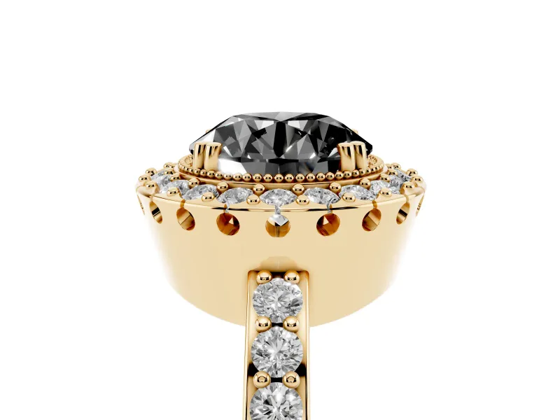 Round Milgrain Halo Engagement Ring Setting for a Black Center | Pavé Shoulders | Yellow Gold