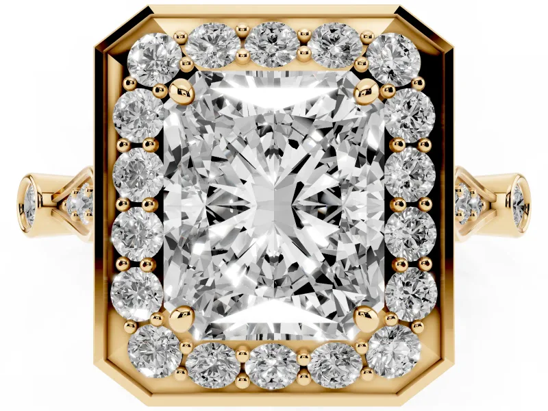 Radiant Cut Vintage Halo Engagement Ring Setting | Bezel Station Shoulders | Yellow Gold